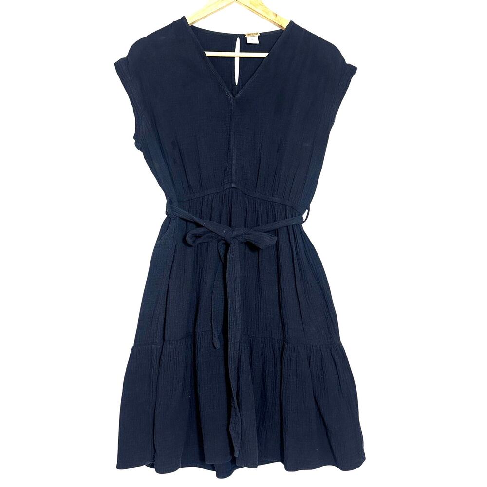 Magaschoni Black Organic‎ Cotton Gauze Tiered Stretchy Waist Dress Beachy Airy M
